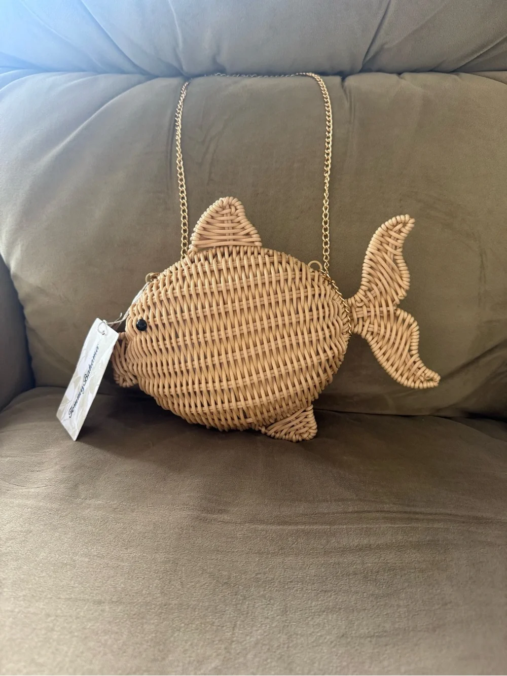 Tommy Bahama Woven Fish Shoulder Bag in Natural Tan with Gold tone Chain